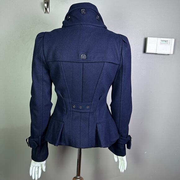 BCBG MaxAzria coat XS Pea Coat Military Ruffle Regal Royal Wool Spy Blue Trench - Picture 6 of 16